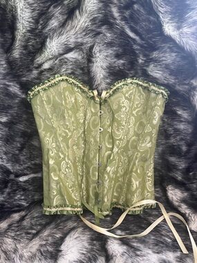 Green Brocade Lace-Up Corset Top